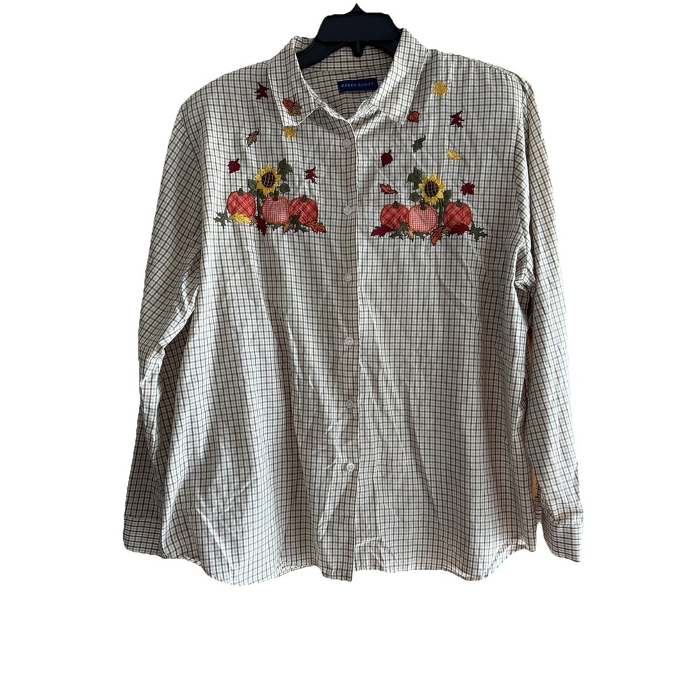 Vtg Fall Halloween XL Button Up Plaid Shirt Embroidered Leaves Pumpkin Sunflower
